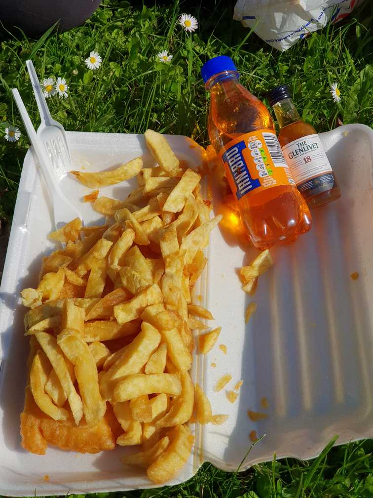 A fish supper with Irn Bru and whisky