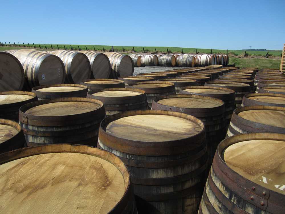 Barrels outside the Glenglassaugh whisky distillery