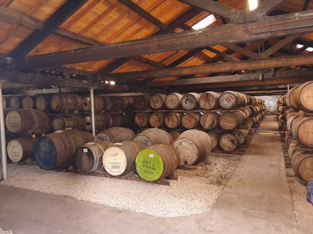 Inside the barrel warehouse at Fettercairn whisky distillery