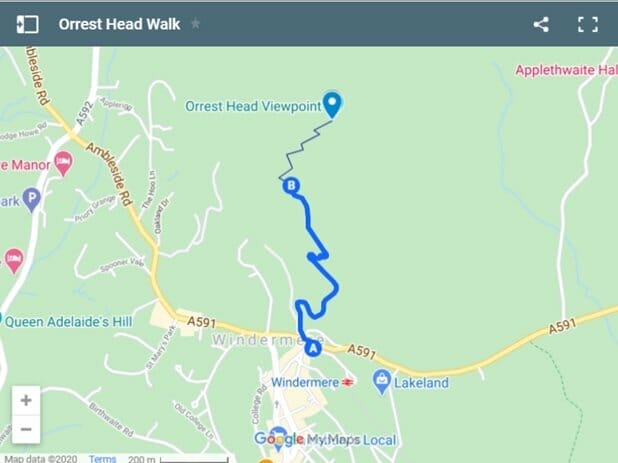 Orrest Head Walk route map for Easy Walks in the Lake District