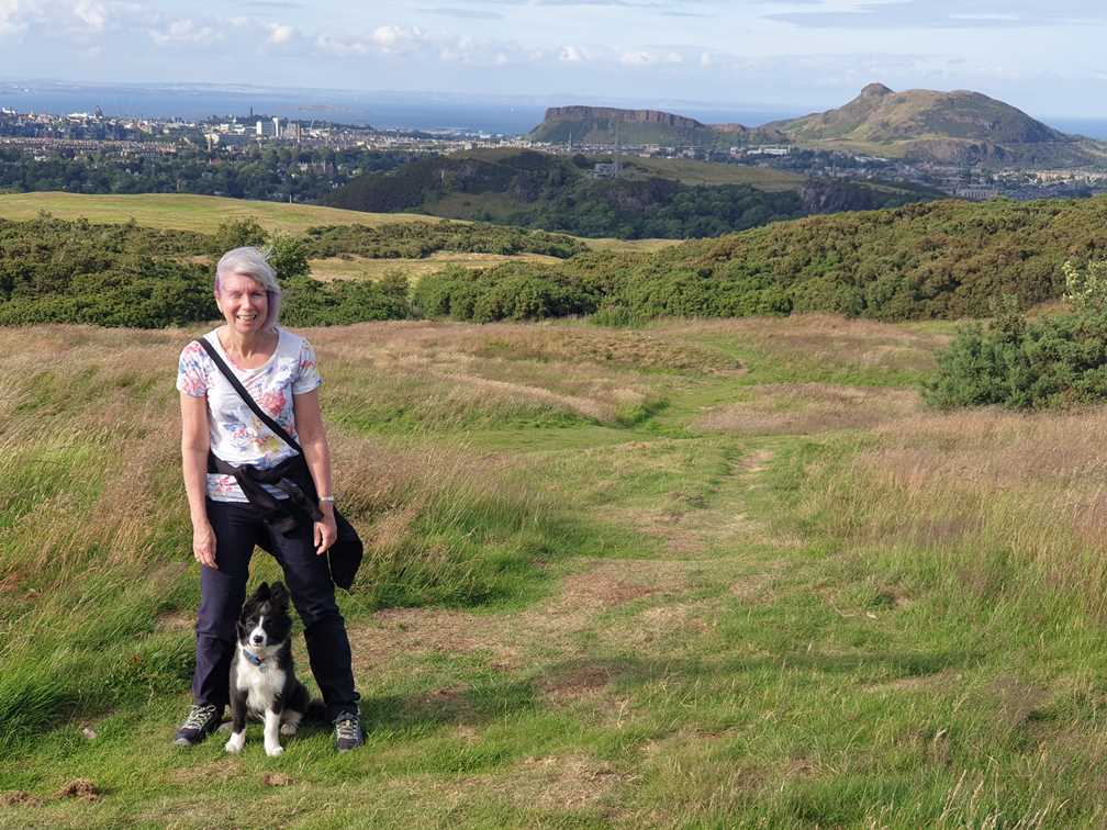 Travelling Dog on hike with Arthur's Seat in the background
