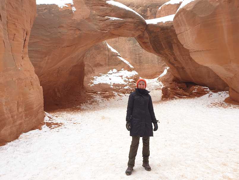 Me in Sand Dune Arch on a winter visit to Arches NP