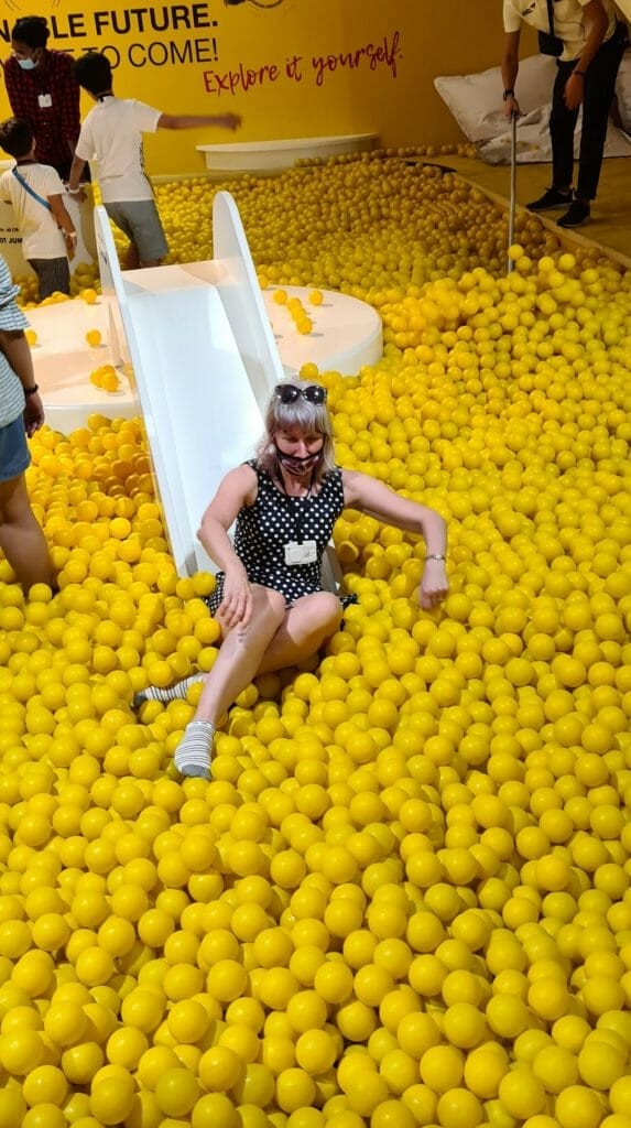 Jane in a ball pool in the German Pavilion