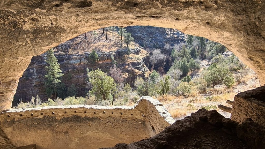 Looking out from inside the Gila Cliff Dwellings