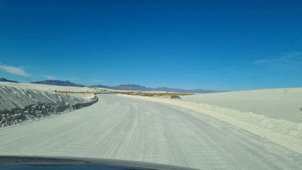 White sand covered roads in White Sands National Park