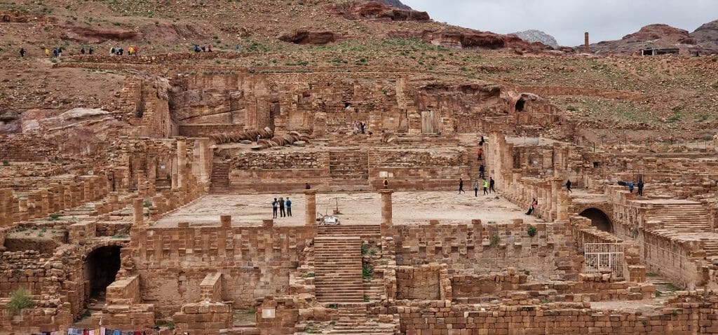 The Great Temple in Petra showing columns and steps.