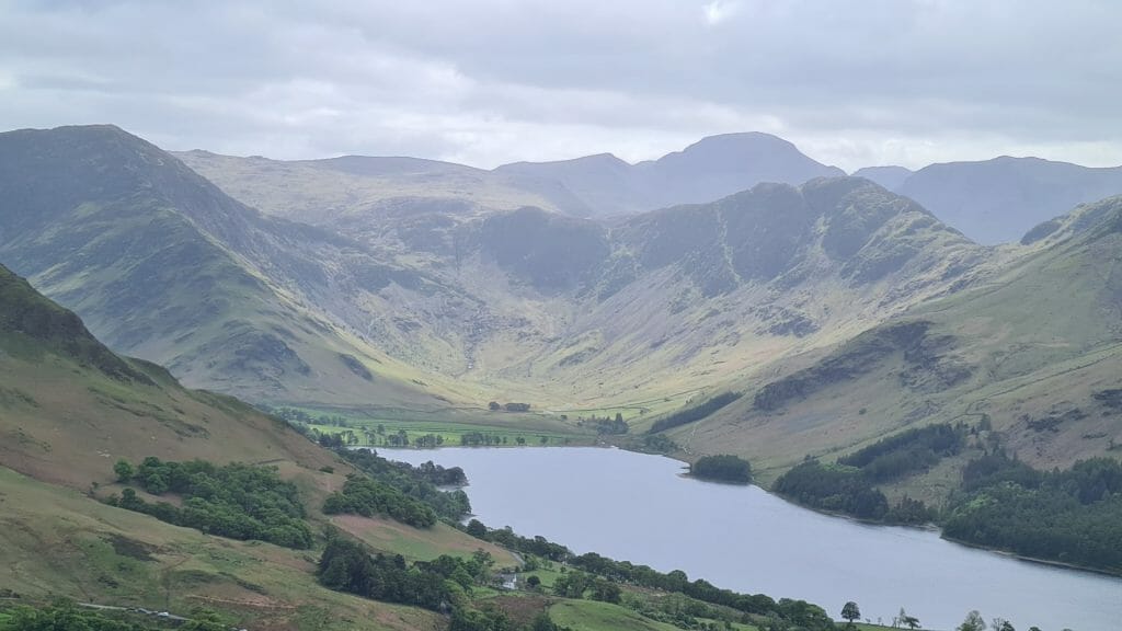 View over lake to mountains