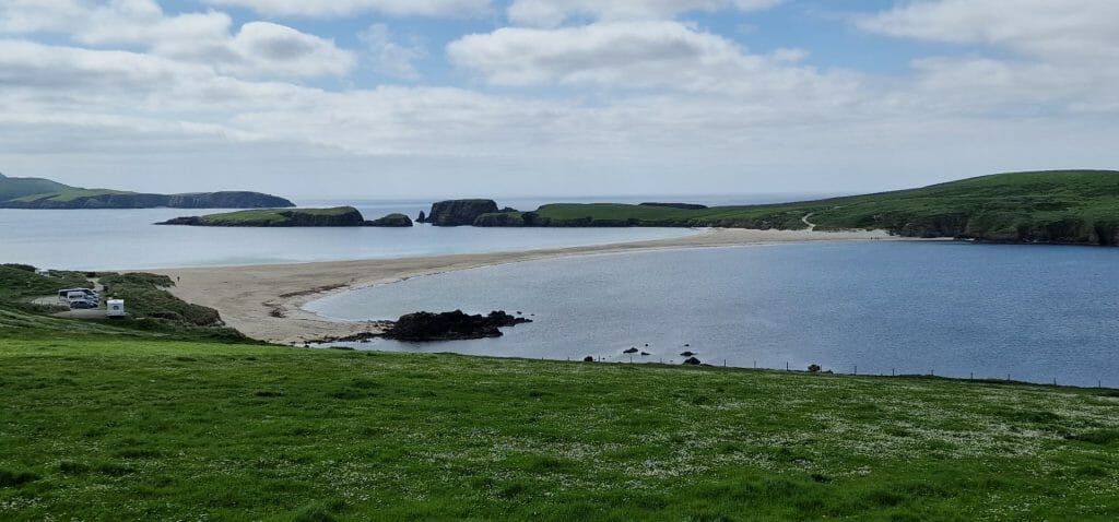 View of the tombolo at St Ninnian's Isle in Shetland