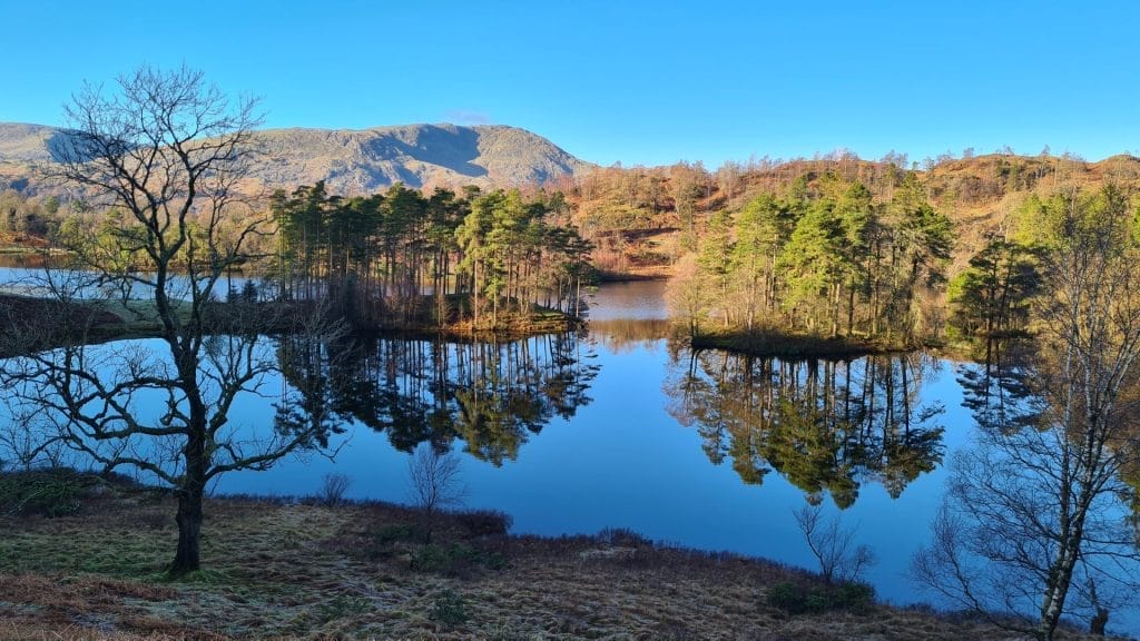 View over Tarn Hows with islands and reflections
